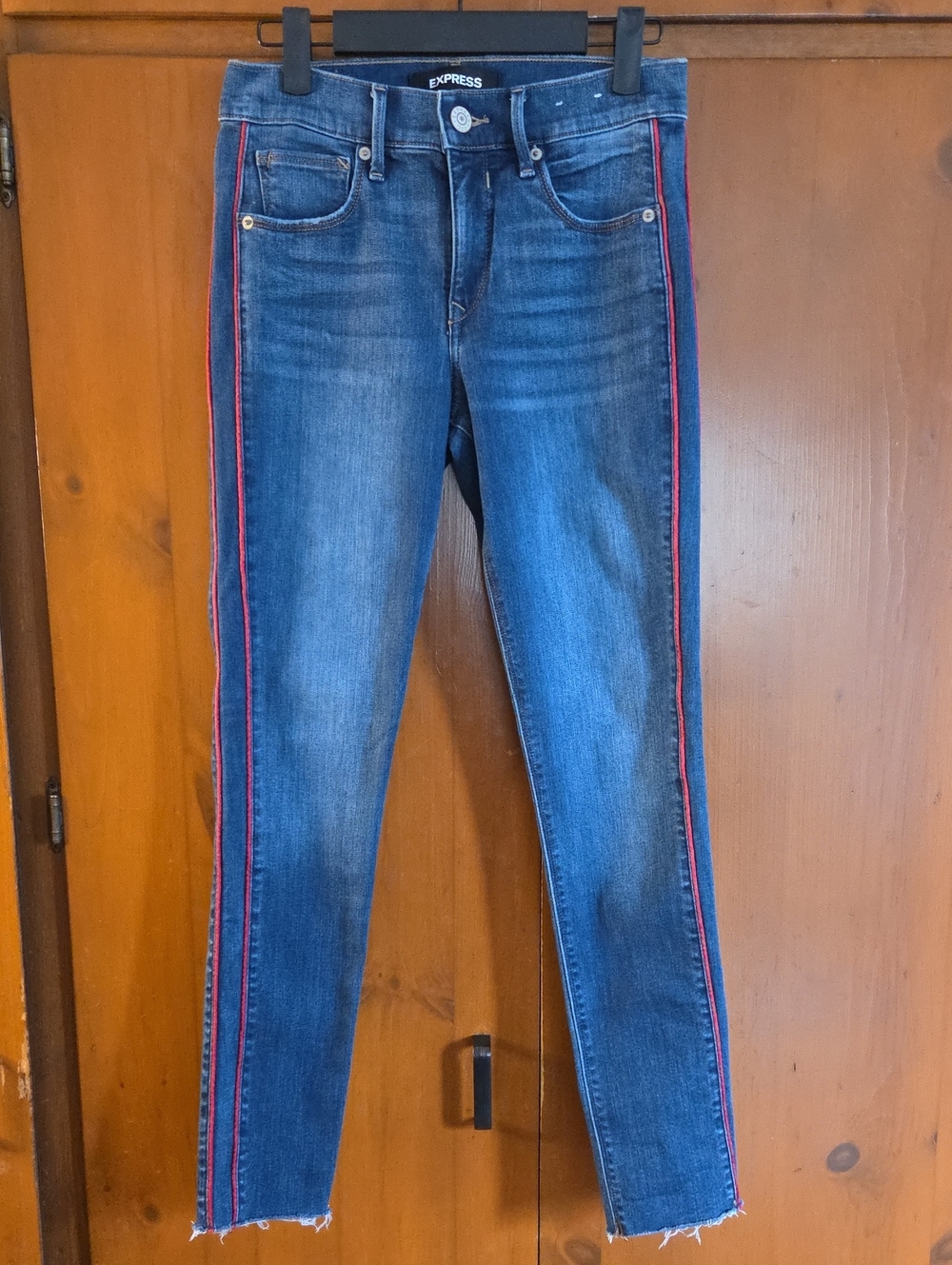 Express Blue Skinny Jeans with Red Tuxedo Side Stripes